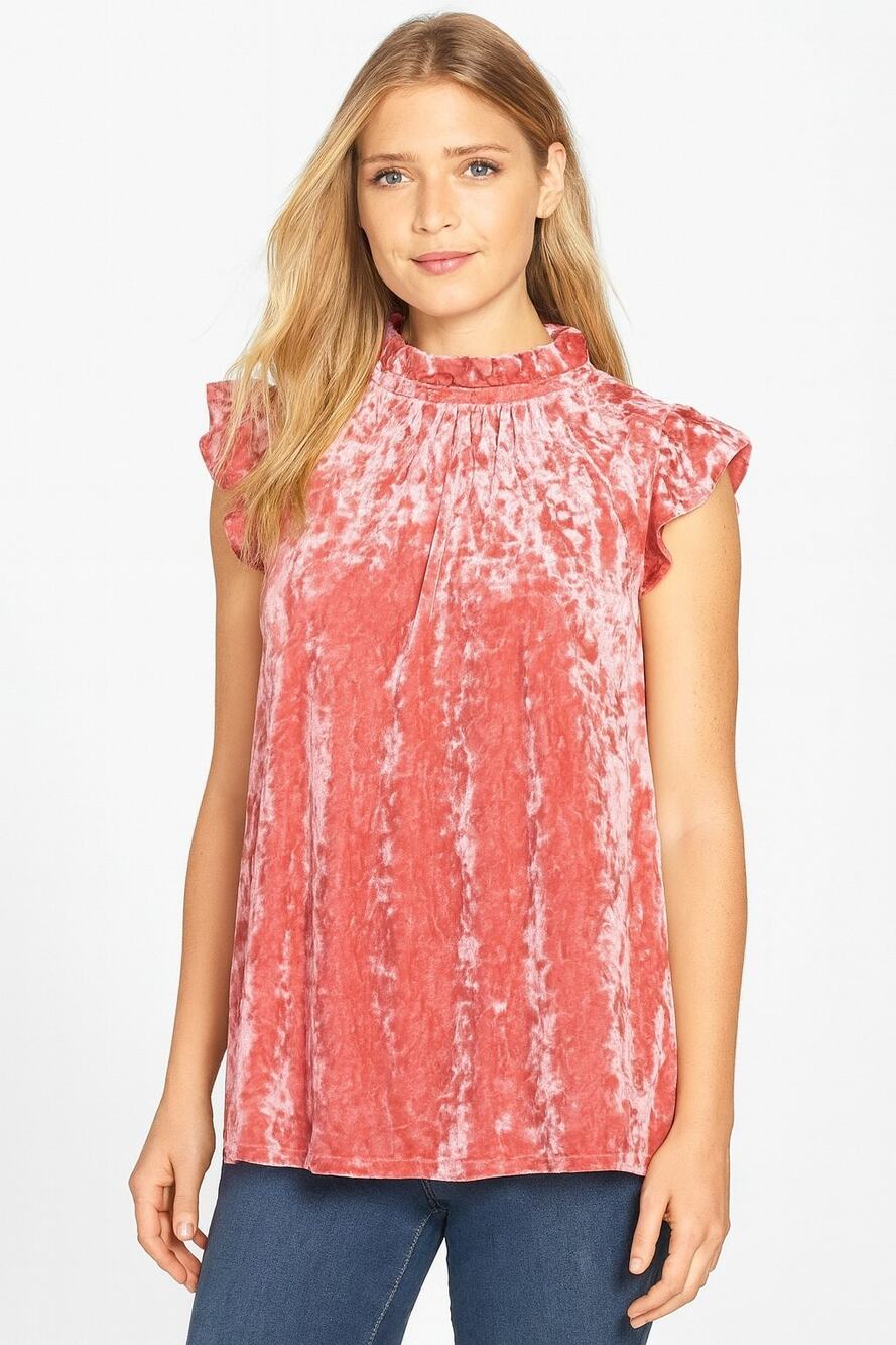 Gibsonlook Women’s Peach Pink Velvet Mock Neck Flutter Sleeve Top XS NWOT